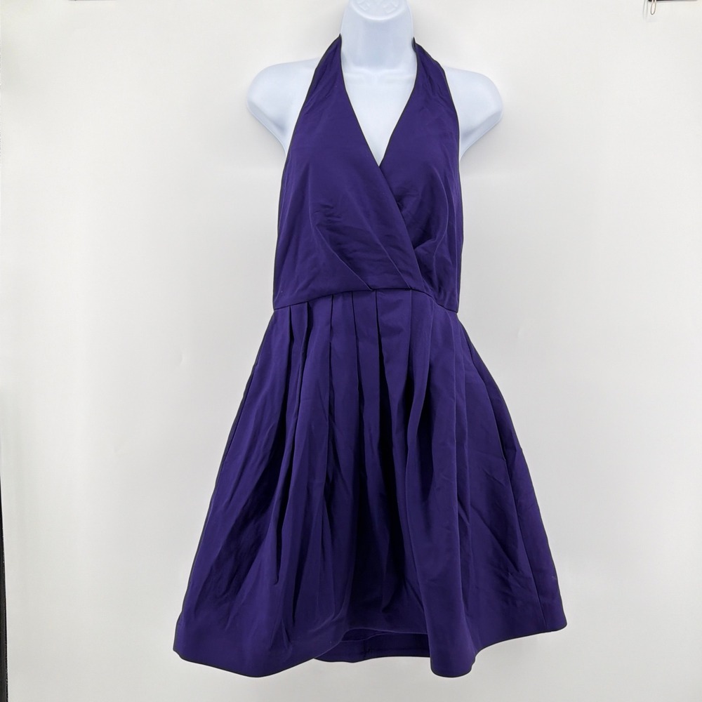 Halston Heritage Purple Cotton Silk Halter Pleated Tulip Bubble Dress Pockets 4